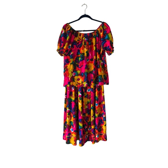 Vintage 1970s 70s Handmade Rainbow Bark Cloth Skirt Set - Picture 3 of 12